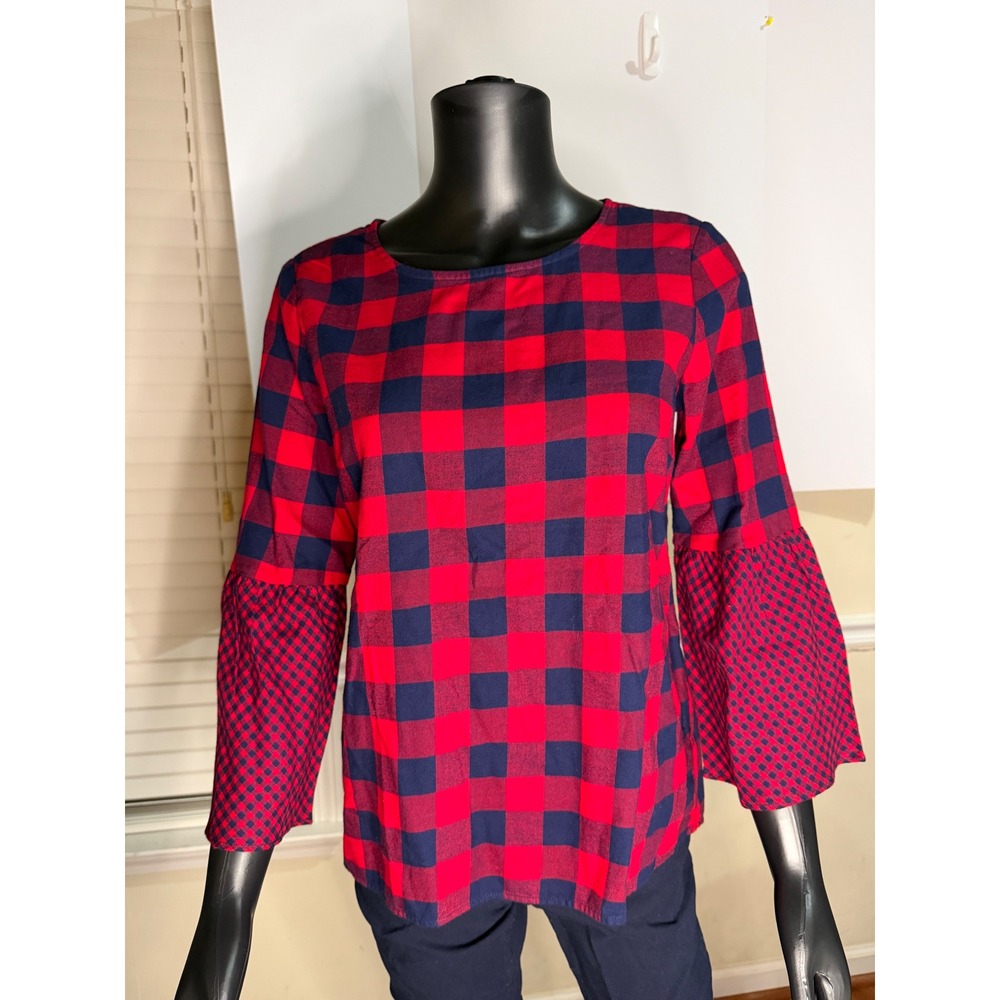 J.Crew Mercantile Red Navy Buffalo Plaid Bell Sleeve Blouse Top Size 4 NEW